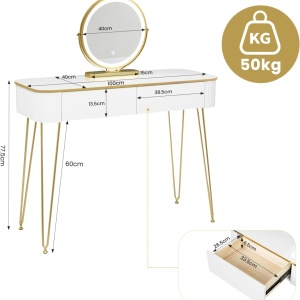 Masuta machiaj cu Oglinda LED si 2 Sertare pentru Cosmetice, Set Masa toaleta 100 cm, Alb, masuta cosmetica, vanity - SEA471 - Img 6