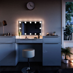 Masuta machiaj cu Oglinda LED si 3 Sertare pentru Cosmetice, Alb, masuta cosmetica, vanity - SEA254
