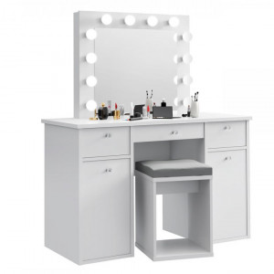 Masuta machiaj cu Oglinda LED si 3 Sertare pentru Cosmetice, Set Masa toaleta 120 cm, Alb, masuta cosmetica, vanity - SEA537 - Img 6