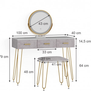 Masuta machiaj cu Oglinda LED si 3 Sertare pentru Cosmetice, Set Masa toaleta 100 cm, Alb, masuta cosmetica, vanity - SEA395 - Img 6