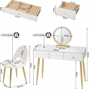 Masuta machiaj cu Oglinda LED si 3 Sertare pentru Cosmetice, Set Masa toaleta 100 cm, Alb, masuta cosmetica, vanity - SEA423 - Img 5