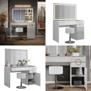 Masuta machiaj cu Oglinda LED si 3 Sertare pentru Cosmetice, Set Masa toaleta 115 cm, Alb Lucios, masuta cosmetica, vanity - SEA442 - Img 4