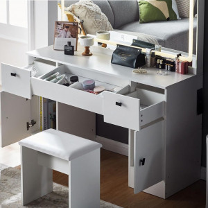Masuta machiaj cu Oglinda LED si 3 Sertare pentru Cosmetice, Set Masa toaleta 117 cm, Alb, masuta cosmetica, vanity - SEA463 - Img 6