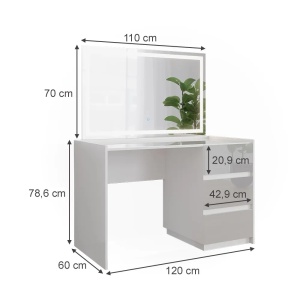 Masuta machiaj cu Oglinda LED si 3 Sertare pentru Cosmetice, Set Masa toaleta 120 cm, Alb Lucios, masuta cosmetica, vanity - SEA806 - Img 4