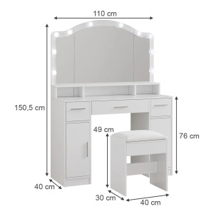 Masuta machiaj cu Oglinda LED si 3 Sertare pentru Cosmetice, Set Masa toaleta 110 cm, Alb, masuta cosmetica, vanity - SEA809 - Img 3