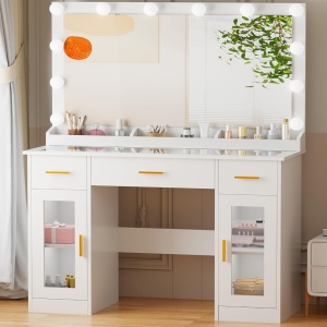 Masuta machiaj cu Oglinda LED si 3 Sertare pentru Cosmetice, Set Masa toaleta 110 cm, Alb, masuta cosmetica, vanity - SEA2 - Img 1