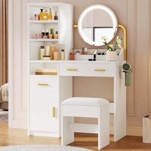 Masuta machiaj cu Oglinda LED si 3 Sertare pentru Cosmetice, Set Masa toaleta 80 cm, Alb, masuta cosmetica, vanity - SEA825