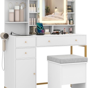 Masuta machiaj cu Oglinda LED si 3 Sertare pentru Cosmetice, Set Masa toaleta 98 cm, Alb, masuta cosmetica, vanity - SEA828 - Img 3