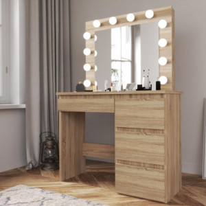 Masuta machiaj cu Oglinda LED si 4 Sertare pentru Cosmetice, Maro, masuta cosmetica, vanity - SEM505
