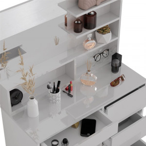 Masuta machiaj cu Oglinda LED si 4 Sertare pentru Cosmetice, Set Masa toaleta 90 cm, Alb Lucios, masuta cosmetica, vanity - SEA467 - Img 5