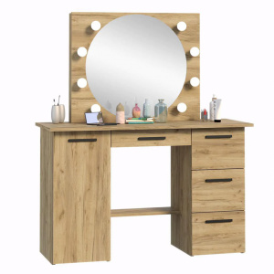 Masuta machiaj cu Oglinda LED si 4 Sertare pentru Cosmetice, Set Masa toaleta 120 cm, Stejar, masuta cosmetica, vanity - SEM514 - Img 5