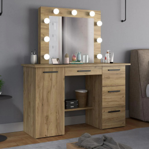 Masuta machiaj cu Oglinda LED si 4 Sertare pentru Cosmetice, Set Masa toaleta 120 cm, Stejar, masuta cosmetica, vanity - SEM516 - Img 6