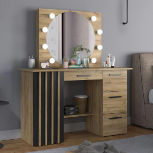 Masuta machiaj cu Oglinda LED si 4 Sertare pentru Cosmetice, Set Masa toaleta 120 cm, Stejar, masuta cosmetica, vanity - SEM518