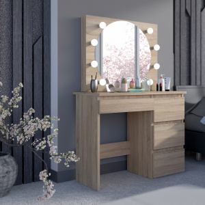 Masuta machiaj cu Oglinda LED si 4 Sertare pentru Cosmetice, Set Masa toaleta 94 cm, masuta cosmetica, vanity - SEM523