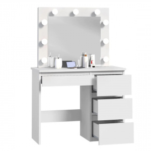 Masuta machiaj cu Oglinda LED si 4 Sertare pentru Cosmetice, Set Masa toaleta 94 cm, Alb, masuta cosmetica, vanity - SEA548 - Img 5