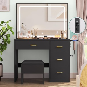 Masuta machiaj cu Oglinda LED si 4 Sertare pentru Cosmetice, Set Masa toaleta 90 cm, masuta cosmetica, vanity - SEN255