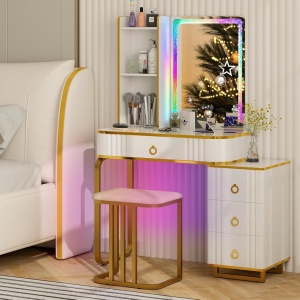 Masuta machiaj cu Oglinda LED si 4 Sertare pentru Cosmetice, Set Masa toaleta 80 cm, Alb, masuta cosmetica, vanity - SEA99 - Img 2