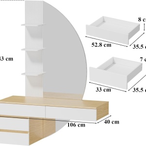 Masuta machiaj cu Oglinda LED si 4 Sertare pentru Cosmetice, Set Masa toaleta 106 cm, Alb - Maro, masuta cosmetica, vanity cu Riflaj si Rafturi - SEM247 - Img 8