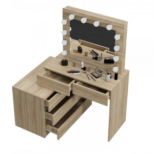 Masuta machiaj cu Oglinda LED si 5 Sertare pentru Cosmetice, Set Masa toaleta 130 cm, masuta cosmetica, vanity - SEM511 - Img 3