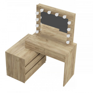 Masuta machiaj cu Oglinda LED si 5 Sertare pentru Cosmetice, Set Masa toaleta 130 cm, Stejar, masuta cosmetica, vanity - SEM512 - Img 4