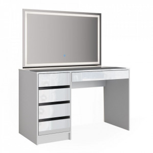 Masuta machiaj cu Oglinda LED si 5 Sertare pentru Cosmetice, Set Masa toaleta 120 cm, Alb Lucios, masuta cosmetica, vanity - SEA902 - Img 8
