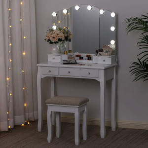 Masuta machiaj cu Oglinda LED si 5 Sertare pentru Cosmetice, Set Masa toaleta 80 cm, Alb, masuta cosmetica, vanity - SEA92