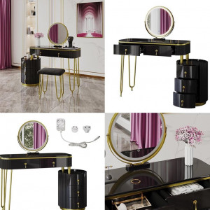 Masuta machiaj cu Oglinda LED si 5 Sertare pentru Cosmetice, Set Masa toaleta 100 cm, Negru, masuta cosmetica, vanity - SEN243 - Img 3