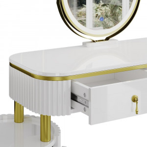 Masuta machiaj cu Oglinda LED si 5 Sertare pentru Cosmetice, Set Masa toaleta 100 cm, Alb, masuta cosmetica, vanity - SEA422 - Img 4