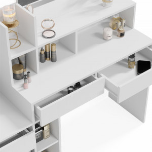Masuta machiaj cu Oglinda LED si 5 Sertare pentru Cosmetice, Set Masa toaleta 140 cm, Alb, masuta cosmetica, vanity - SEA453 - Img 5