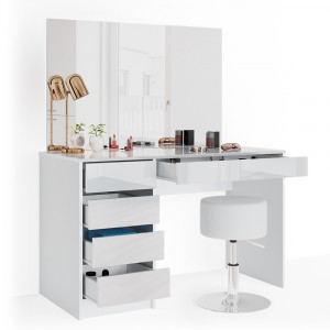 Masuta machiaj cu Oglinda LED si 5 Sertare pentru Cosmetice, Set Masa toaleta 120 cm, Alb Lucios, masuta cosmetica, vanity - SEA348 - Img 5