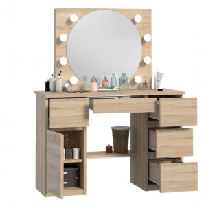 Masuta machiaj cu Oglinda LED si 5 Sertare pentru Cosmetice, Set Masa toaleta 120 cm, masuta cosmetica, vanity - SEM519 - Img 4