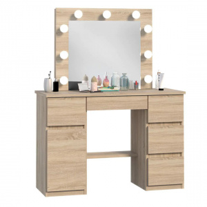 Masuta machiaj cu Oglinda LED si 5 Sertare pentru Cosmetice, Set Masa toaleta 120 cm, masuta cosmetica, vanity - SEM521 - Img 5