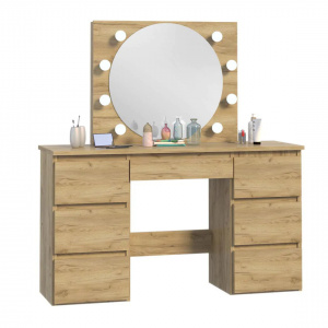 Masuta machiaj cu Oglinda LED si 5 Sertare pentru Cosmetice, Set Masa toaleta 120 cm, Stejar, masuta cosmetica, vanity - SEM532 - Img 4
