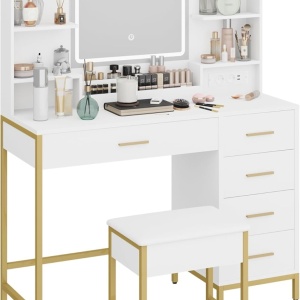 Masuta machiaj cu Oglinda LED si 5 Sertare pentru Cosmetice, Set Masa toaleta 108 cm, Alb, masuta cosmetica, vanity - SEA483 - Img 3