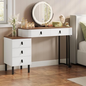 Masuta machiaj cu Oglinda LED si 5 Sertare pentru Cosmetice, Set Masa toaleta 120 cm, Alb, masuta cosmetica, vanity - SEA497