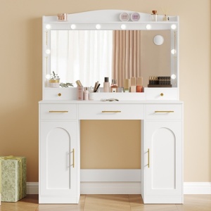 Masuta machiaj cu Oglinda LED si 5 Sertare pentru Cosmetice, Set Masa toaleta 108 cm, Alb, masuta cosmetica, vanity - SEA911 - Img 2