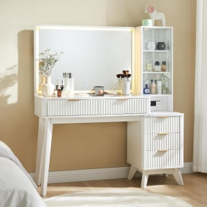 Masuta machiaj cu Oglinda LED si 5 Sertare pentru Cosmetice, Set Masa toaleta 122 cm, Alb, Antracit sau Culoarea Stejar, masuta cosmetica cu Riflaj, vanity - SEM21 - Img 9