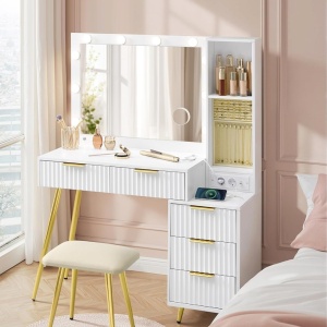 Masuta machiaj cu Oglinda LED si 5 Sertare pentru Cosmetice, Set Masa toaleta 110 cm, Alb, masuta cosmetica, vanity - SEA823 - Img 2