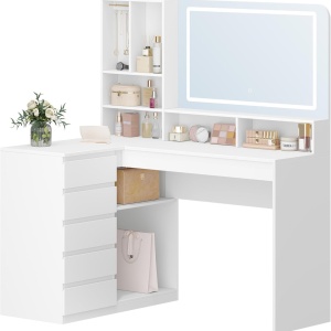 Masuta machiaj cu Oglinda LED si 5 Sertare pentru Cosmetice, Set Masa toaleta 120 cm, Alb, masuta cosmetica, vanity - SEA32 - Img 4