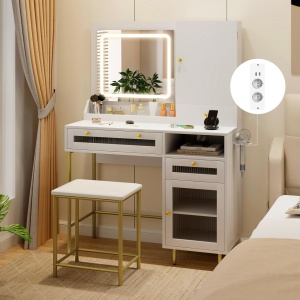 Masuta machiaj cu Oglinda LED si 5 Sertare pentru Cosmetice, Set Masa toaleta 96 cm, Alb, masuta cosmetica, vanity - SEA830