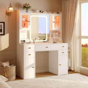 Masuta machiaj cu Oglinda LED si 5 Sertare pentru Cosmetice, Set Masa toaleta 105 cm, Alb, masuta cosmetica, vanity - SEA201