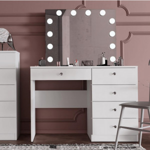 Masuta machiaj cu Oglinda LED si 5 Sertare pentru Cosmetice, Set Masa toaleta 110 cm, Alb, masuta cosmetica, vanity - SEA533