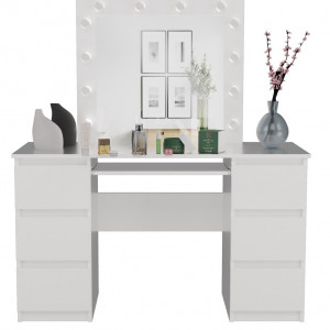 Masuta machiaj cu Oglinda LED si 6 Sertare pentru Cosmetice, Set Masa toaleta 130 cm, Alb, masuta cosmetica, vanity - SEA542 - Img 3