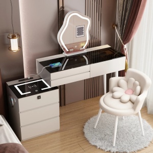 Masuta machiaj cu Oglinda LED si 6 Sertare pentru Cosmetice, Set Masa toaleta 100 cm, Alb, masuta cosmetica, vanity - SEA166