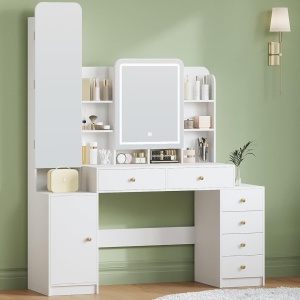 Masuta machiaj cu Oglinda LED si 6 Sertare pentru Cosmetice, Set Masa toaleta 140 cm, Alb, masuta cosmetica, vanity - SEA7 - Img 8