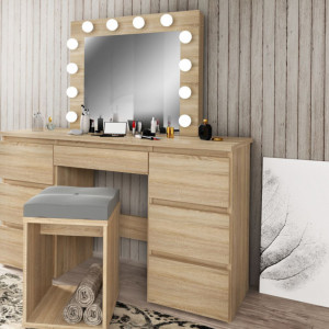 Masuta machiaj cu Oglinda LED si 7 Sertare pentru Cosmetice, Set Masa toaleta 120 cm, masuta cosmetica, vanity - SEM507 - Img 2