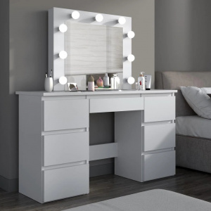Masuta machiaj cu Oglinda LED si 7 Sertare pentru Cosmetice, Set Masa toaleta 120 cm, Alb, masuta cosmetica, vanity - SEA552