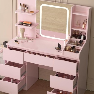 Masuta machiaj cu Oglinda LED si 7 Sertare pentru Cosmetice, Set Masa toaleta 110 cm, Alb / Negru / Roz, masuta cosmetica, vanity - SEA820 - Img 11