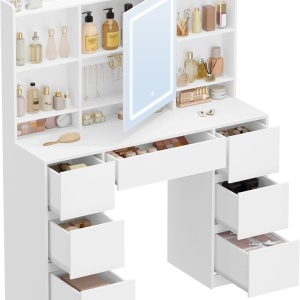Masuta machiaj cu Oglinda LED si 7 Sertare pentru Cosmetice, Set Masa toaleta 108 cm, Alb, masuta cosmetica, vanity - SEA4 - Img 4