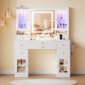 Masuta machiaj cu Oglinda LED si 8 Sertare pentru Cosmetice, Set Masa toaleta 107 cm, Alb, masuta cosmetica, vanity - SEA835